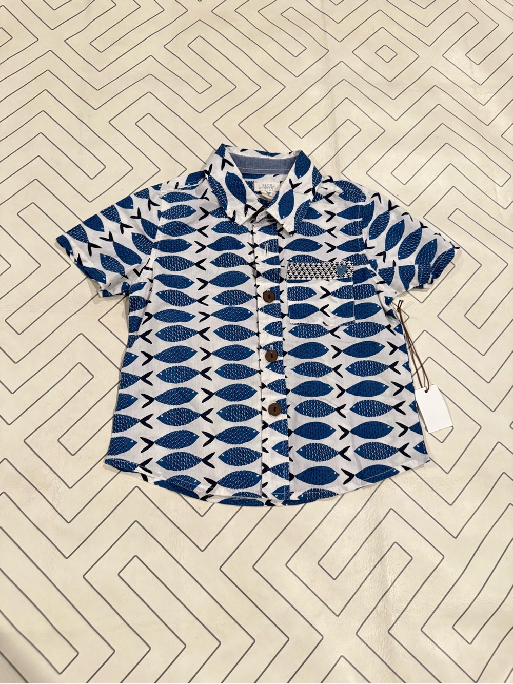 NWT Blue Rooster Blue Fish-Print Short Sleeve Button Down